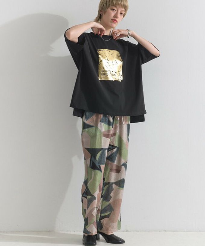 日本 le colis - 接觸冷感 金銀箔方塊印花T恤-橘