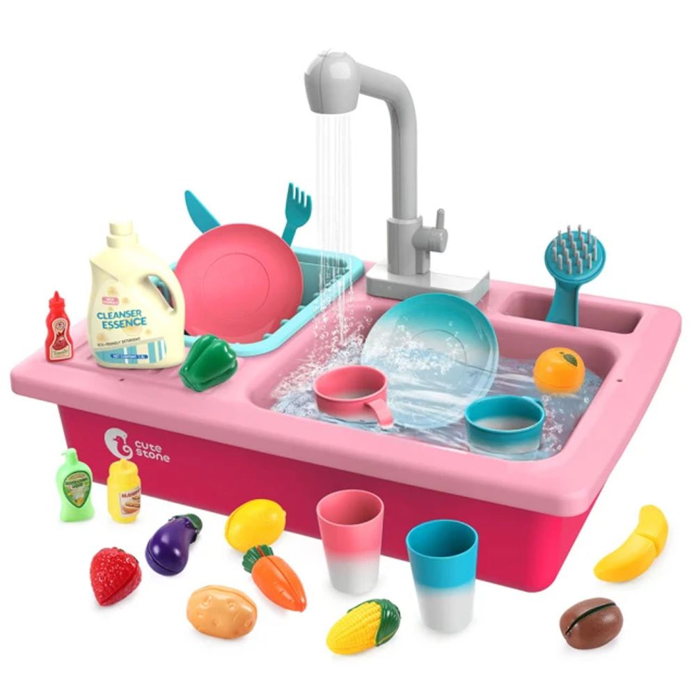 CuteStone - 兒童仿真變色餐具洗碗機與切切樂套裝玩具22件組