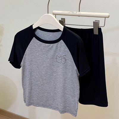 親子透氣涼爽短袖家居服套裝/空調服-拼袖黑