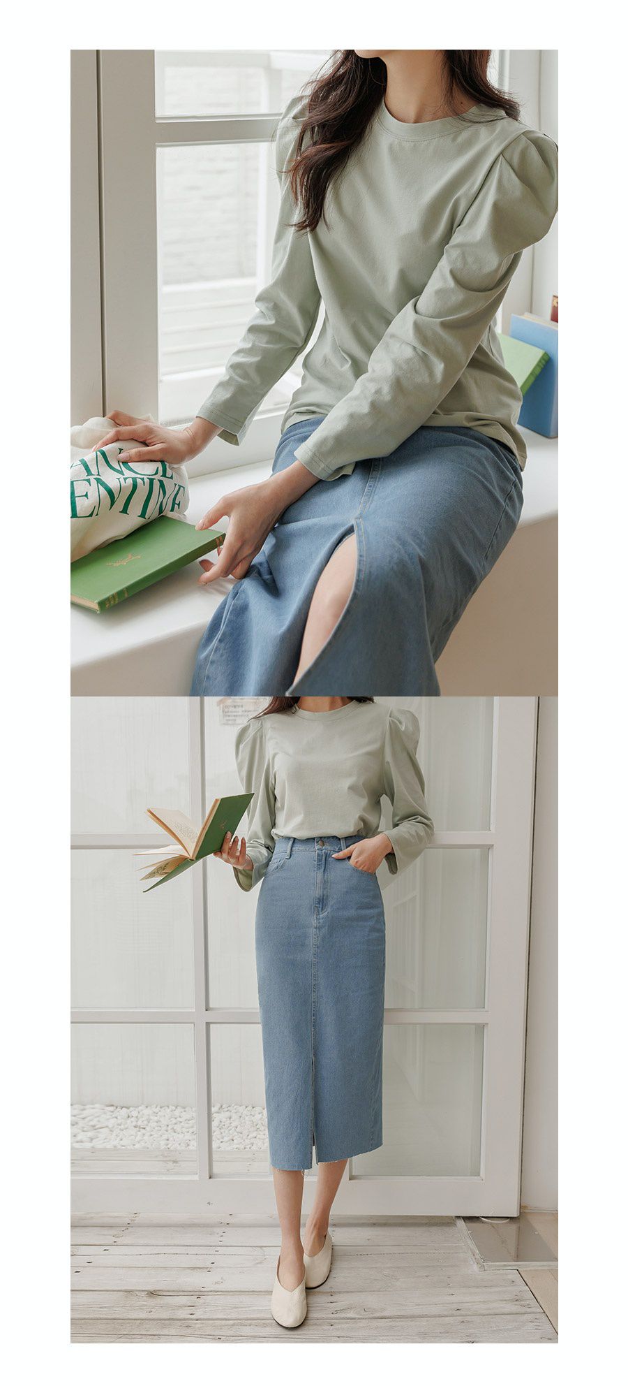 韓國 Urbantheroom - 彈性抓摺公主袖長袖上衣-灰綠 (Free)