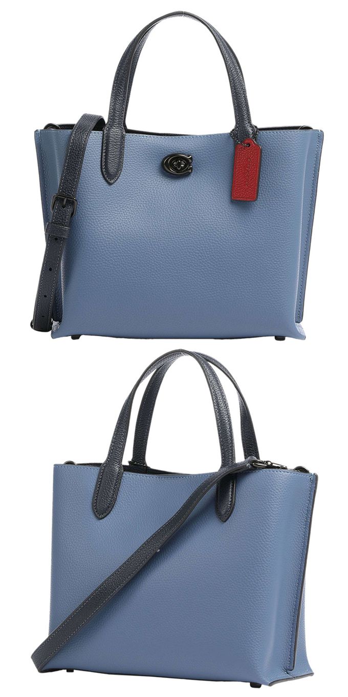 COACH - 璇釦皮革素面托特包 (藍色)