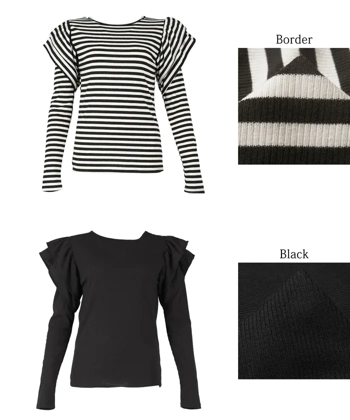 日本 COCA - 棉混透氣荷葉邊薄長袖上衣-黑