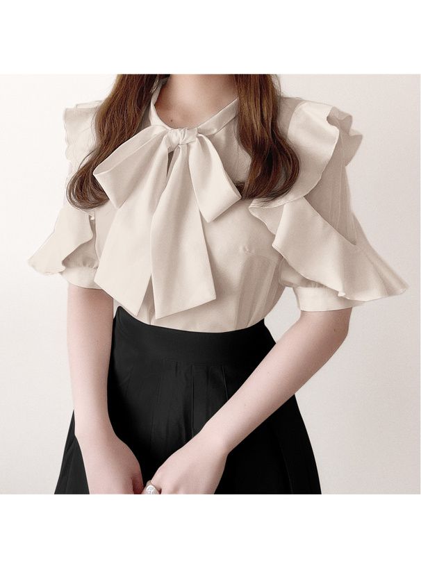 日本 GRL - 優雅紐結荷葉五分袖上衣-天使白