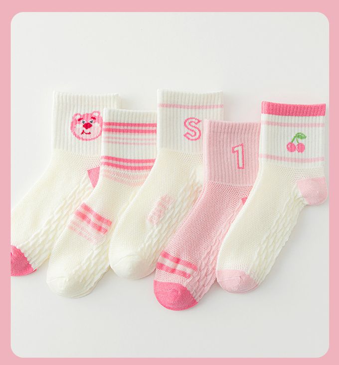 粉紅熊運動風網眼中筒棉襪