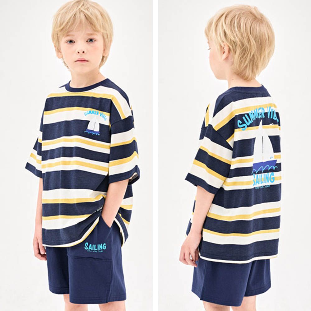 撞色條紋帆船印短袖套裝-海軍藍