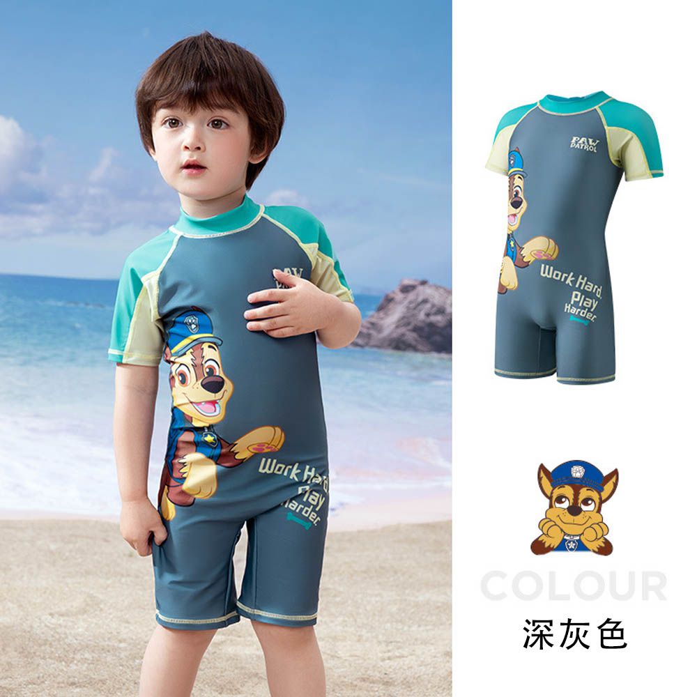 UPF50+短袖連身泳裝-卡通人物阿奇-灰綠