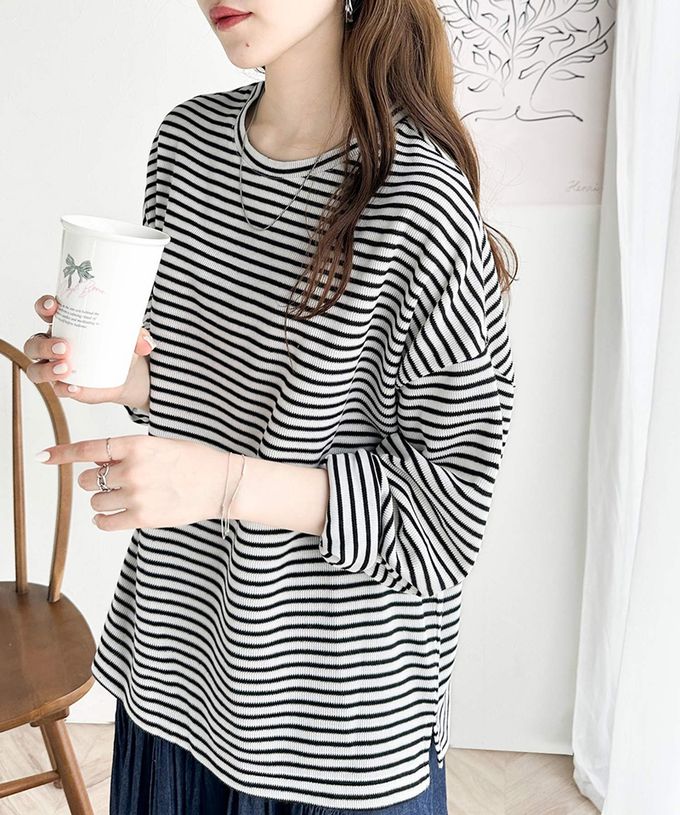 日本 Classical Elf - 萬能定番細條紋側開叉長袖上衣-黑底白線