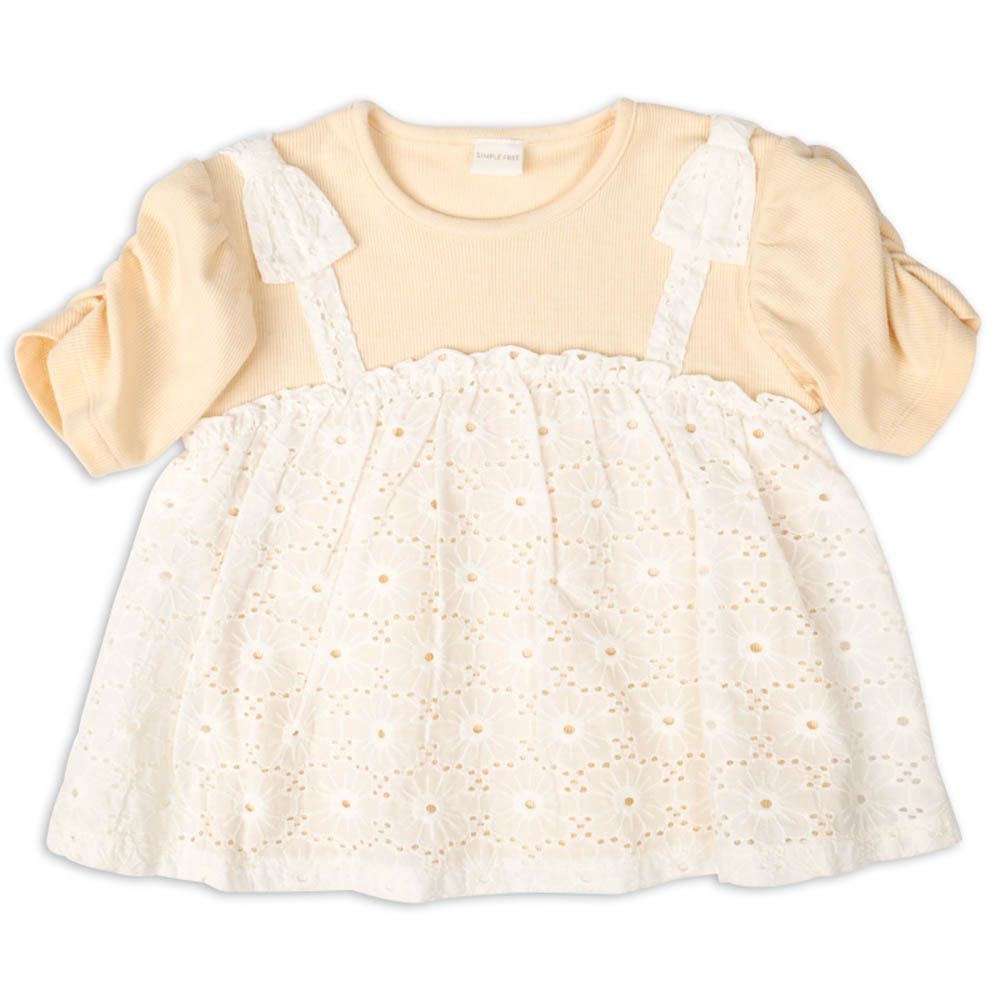 短袖假兩件T恤-蕾絲-米白色