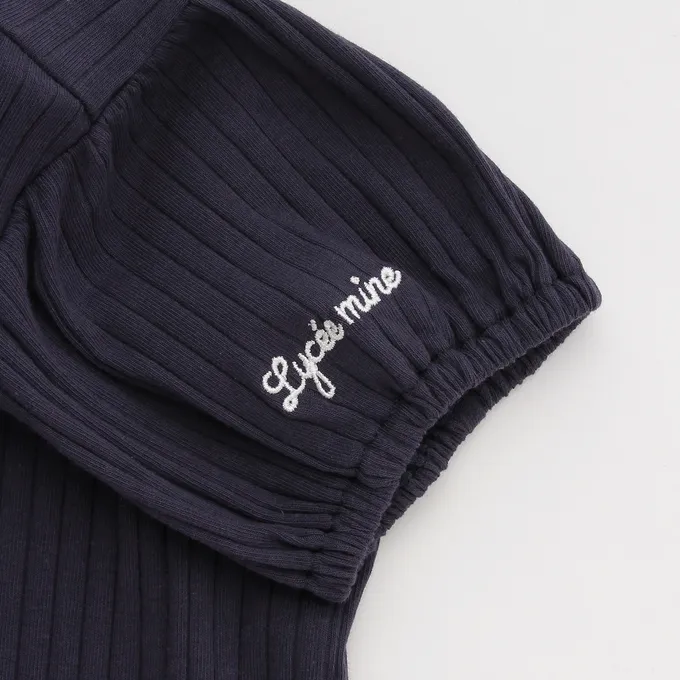 日本 Lycee mine - 方領羅紋可愛刺繡泡泡短袖上衣-愛心-粉紅