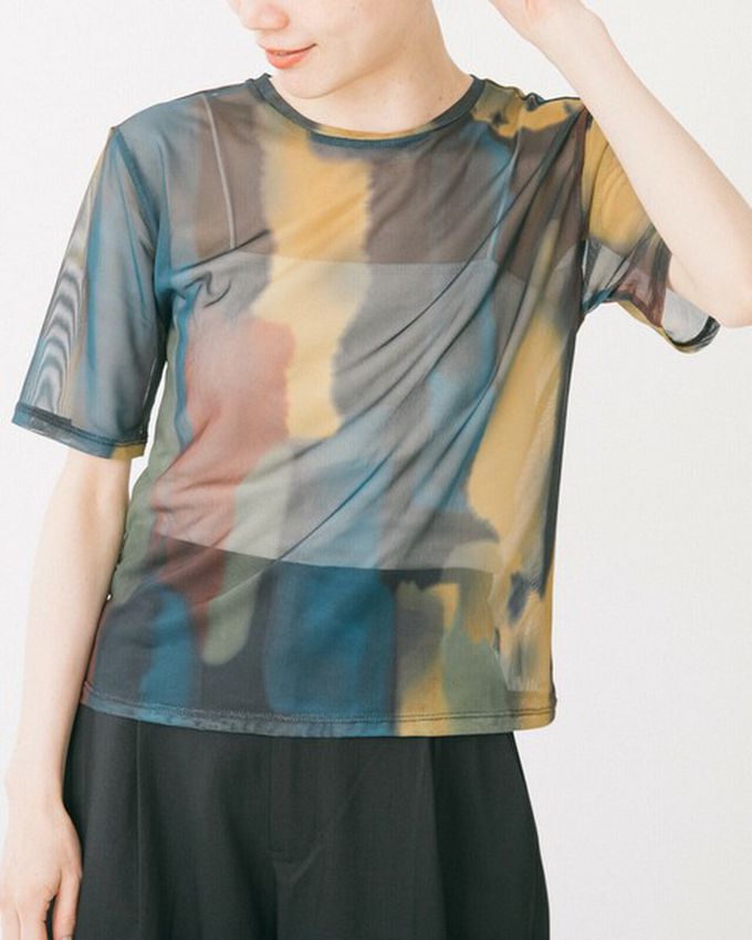 日本 gleam - 水彩暈染風透膚薄紗短袖上衣-深藍系