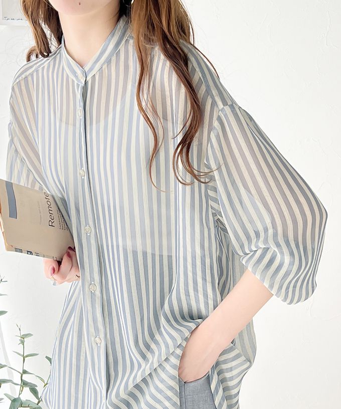 日本 Classical Elf - 透膚優雅休閒條紋寬版襯衫-黑米系