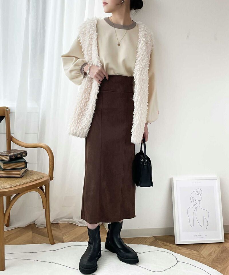 日本 Classical Elf - 麂皮質感後鬆緊修身長裙-咖啡