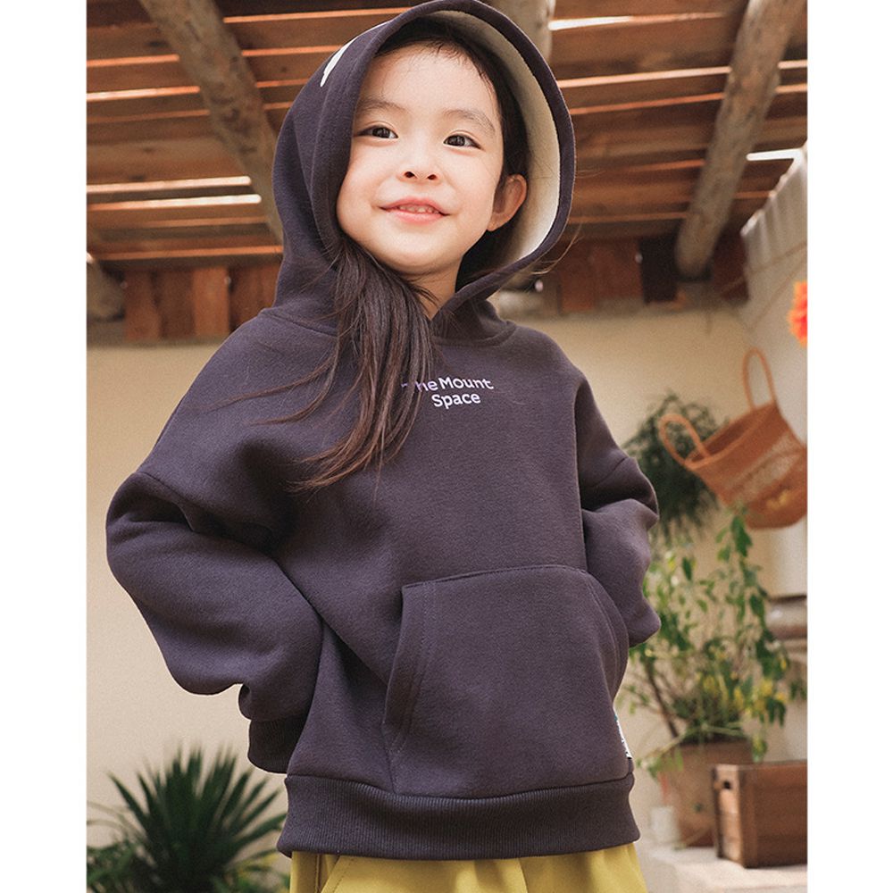 保暖加絨連帽長袖上衣-帽子印花-深灰