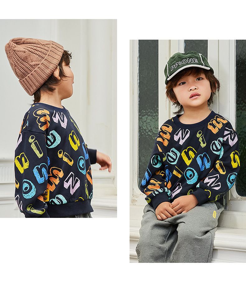 Minizone - 圓領長袖上衣-蠟筆字母-深藍色