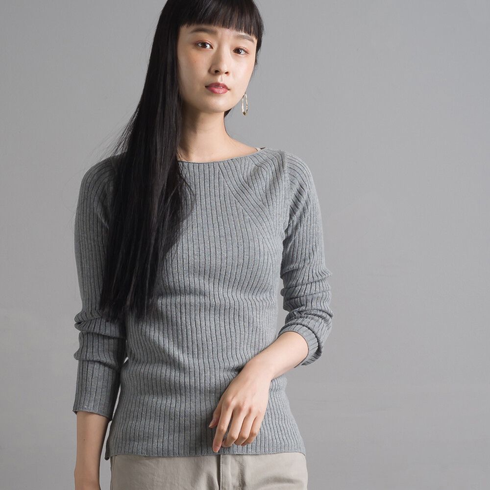 日本 OMNES - 顯瘦修身羅紋線條針織上衣-淺灰 (Free size)
