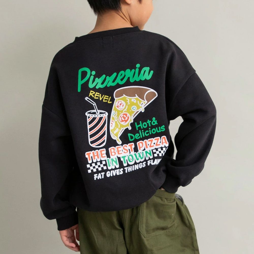 裏起毛 舒適縮口長袖上衣-披薩-黑