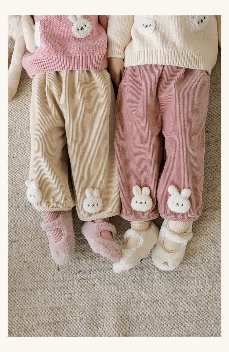 TONGMO - 立體造型腰鬆緊保暖寬褲-兔子-米白色