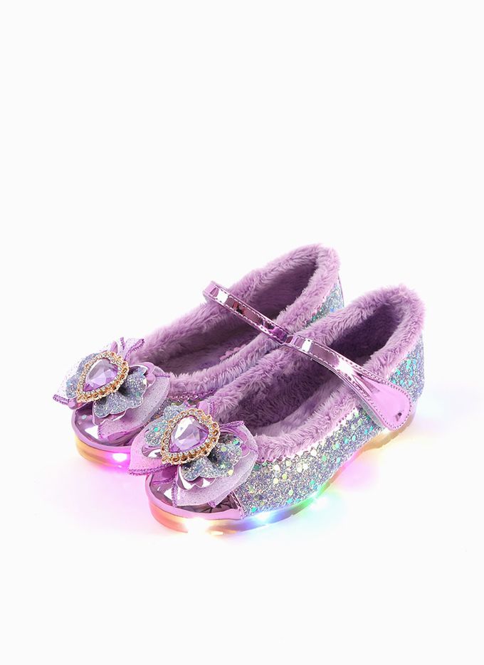韓國 OZKIZ - (LED)蝶結愛心拼接刷毛矮跟皮鞋-紫