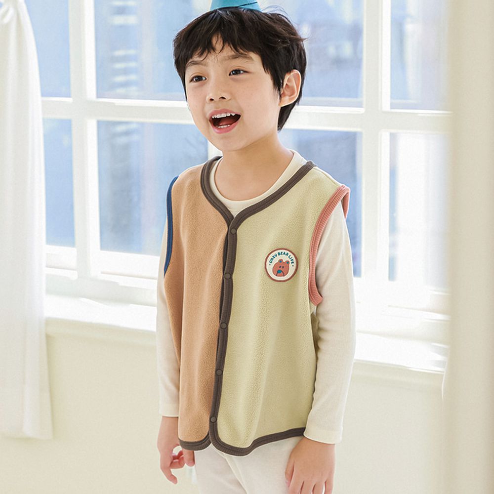 超細短絨毛保暖拼色V領背心-奶茶X淡黃綠