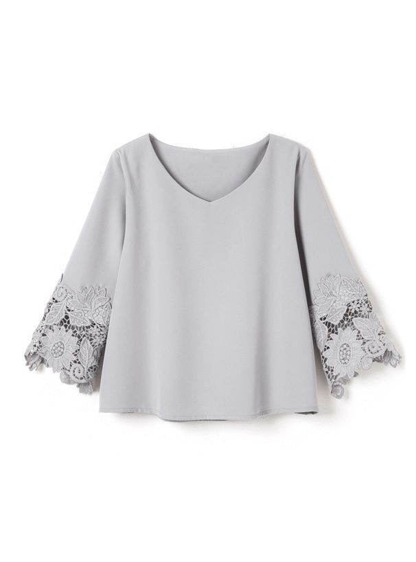 日本 GRL - V領花朵蕾絲拼接長袖上衣-灰藍