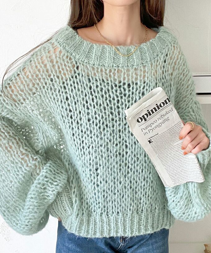 日本 Classical Elf - 甜美船領針織洞洞大寬袖毛衣-湖水綠