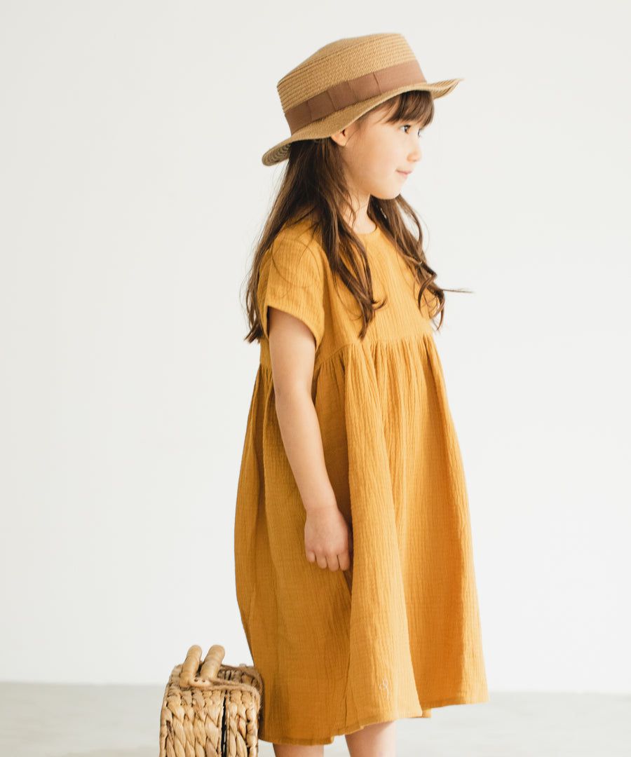 日本 PAIRMANON - 純棉微皺感短袖素色洋裝(孩子)-紅