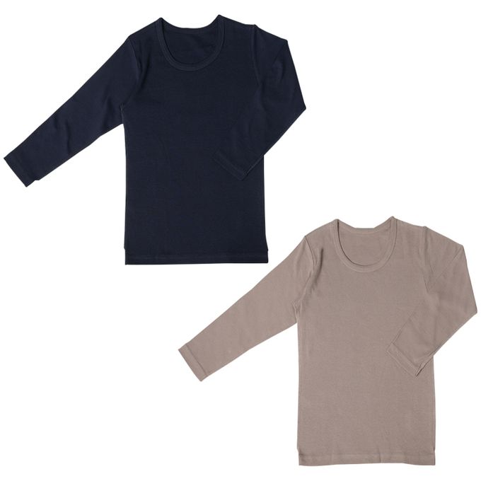 akachan honpo - 長袖圓領速乾上衣-2件組 素面-深藍色