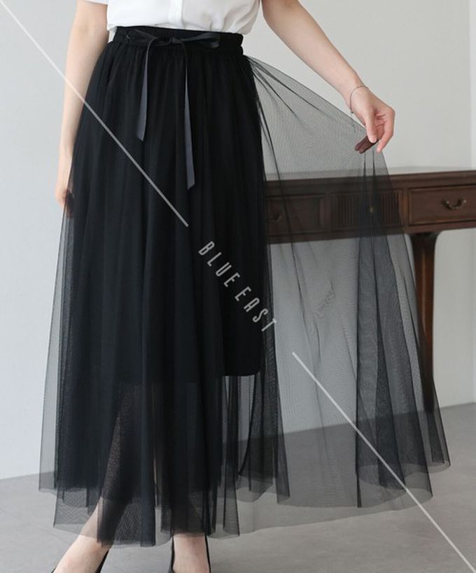 日本 BLUE EAST - 浪漫豐盈蝴蝶結綁帶薄紗裙-素色-黑