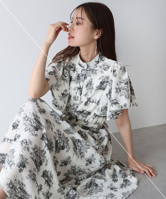 日本 BLUE EAST - 浪漫時光碎花雪紡短袖洋裝-水彩花紋-杏