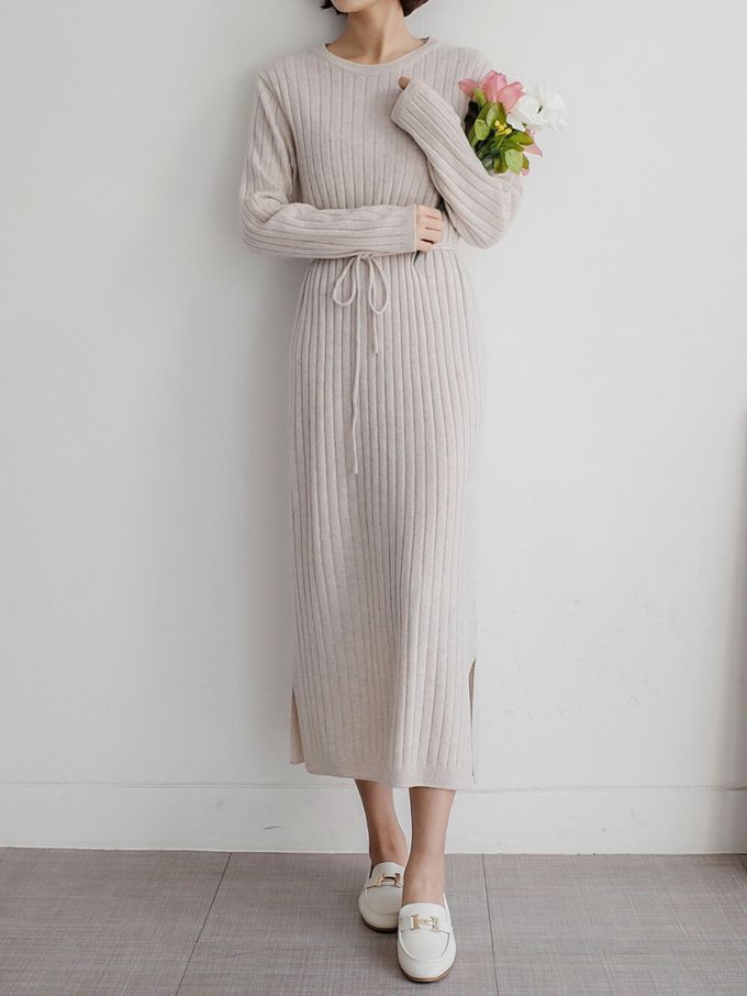 韓國女裝連線 - 喀什米爾羊毛針織連身洋裝-米杏 (FREE)