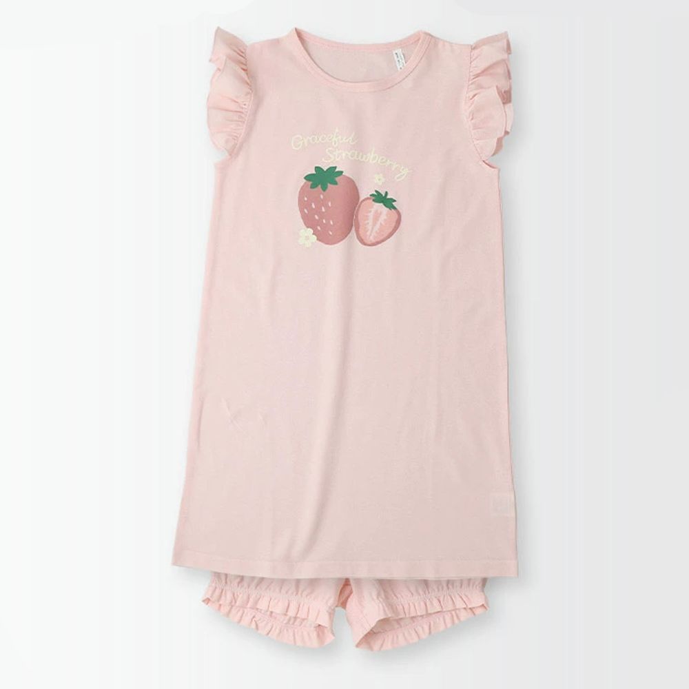 日本 ZOOLAND - 涼感 100%棉家居服(無袖+短褲)-香甜草莓-粉紅