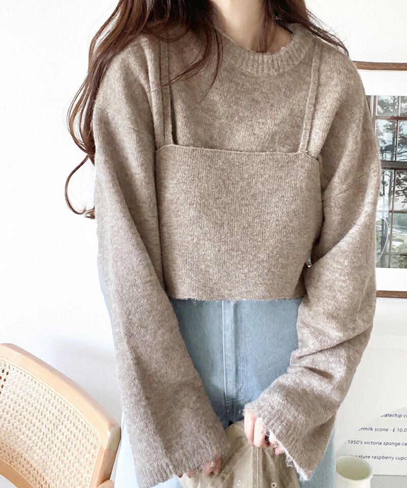 日本 Classical Elf - 二件式針織修身長版上衣+細肩背心-可可卡其