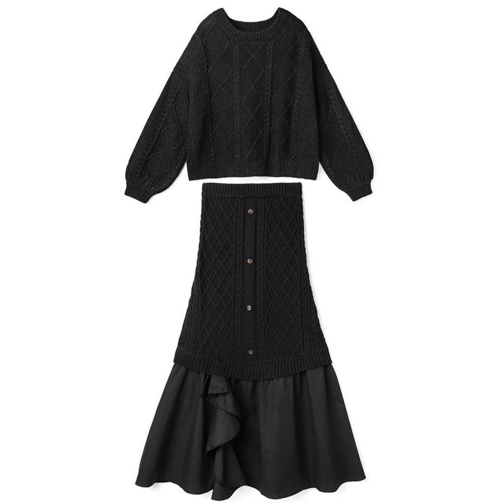 日本 GRL - 麻花編織短版背心x拼接長裙2件組-時尚黑