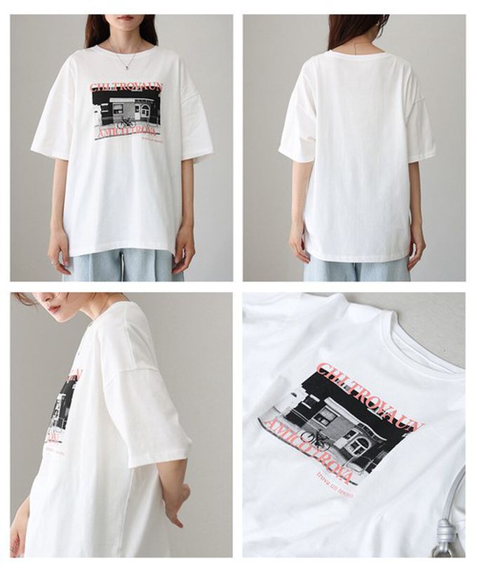 日本 Bab - 100%棉 極簡照片印花五分袖上衣-杏底綠字 (M)