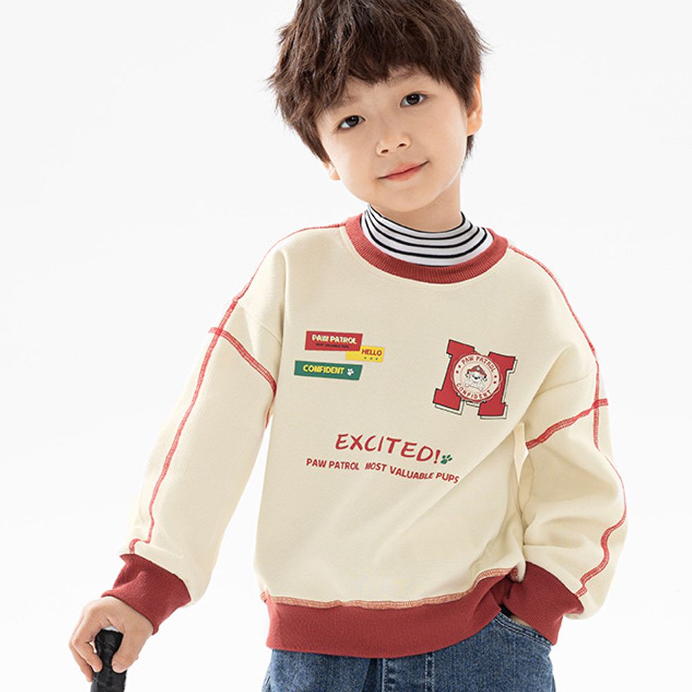 卡通汪汪隊加絨假兩件高領長袖上衣-卡通人物毛毛-米白