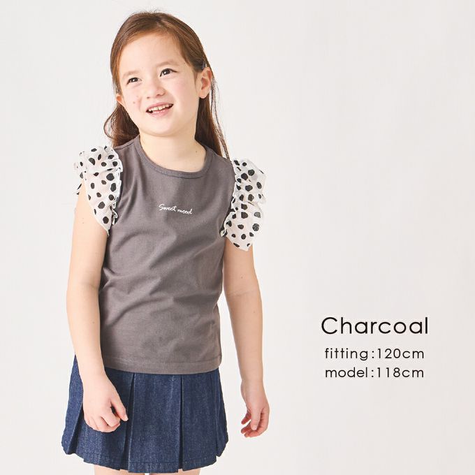 日本 evercloset - 100%棉 點點蕾絲短袖上衣-深灰