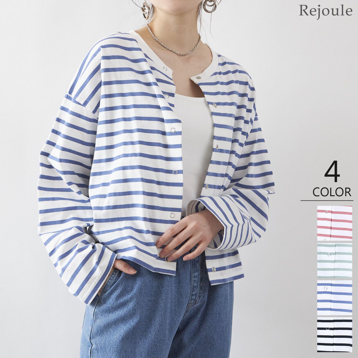 日本 Rejoule - V領橫條紋落肩短版薄外套-藍x白