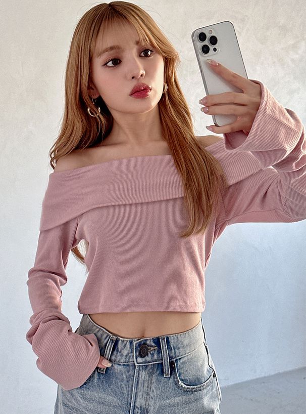 日本 GRL - 平口羅紋彈性長袖上衣-卡其米