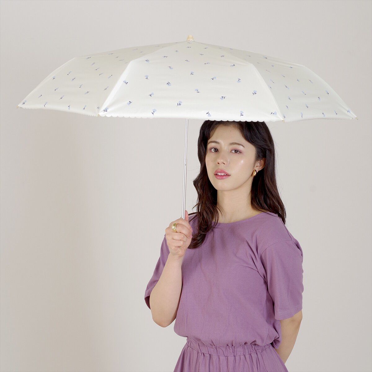 日本 nifty colors - 抗UV輕量 晴雨兩用折疊傘(遮光遮熱款)-花瓣傘面/清新小花-白 (直徑90cm/224g)-99.9%