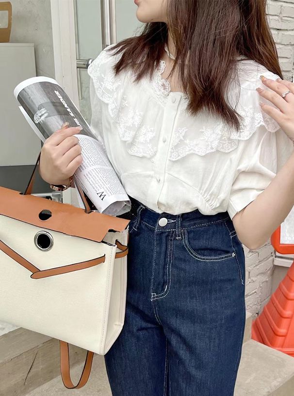 日本 GRL - 浪漫花蕾絲泡泡短袖排釦襯衫-白