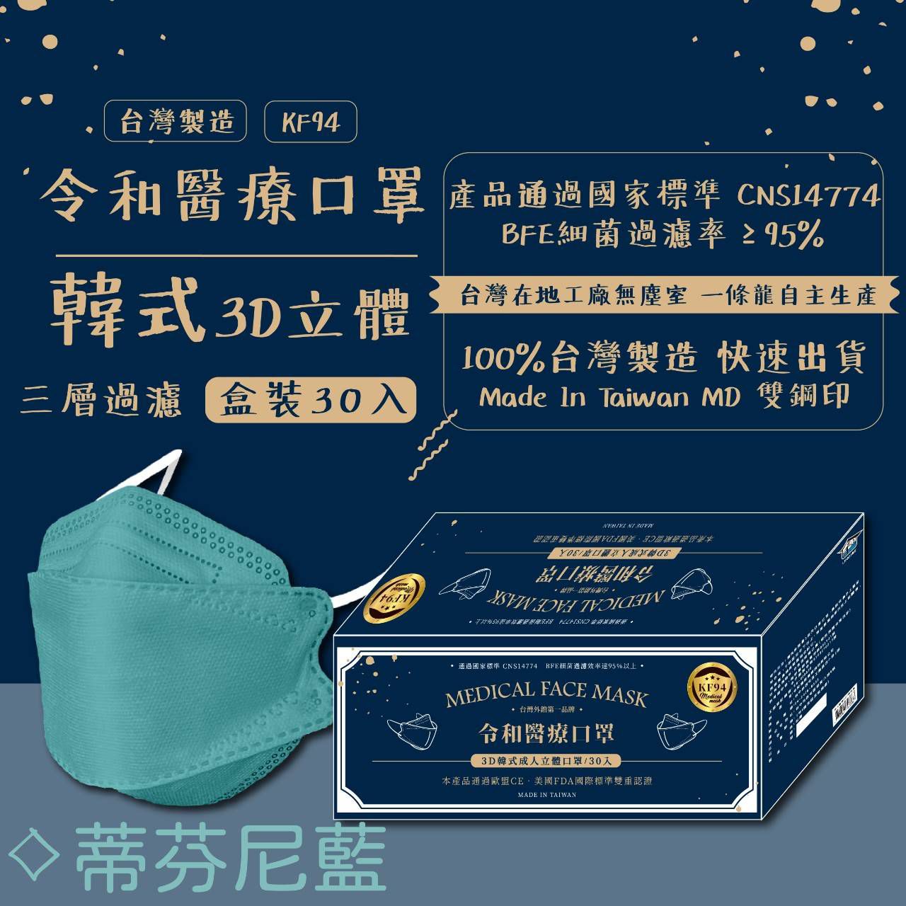 令和 Linghe - 成人醫療級韓式KF94立體口罩/雙鋼印/台灣製-4D魚形/3D韓版-蒂芬尼藍 (20.5x8.2±0.5cm)-10入/盒(未滅菌)