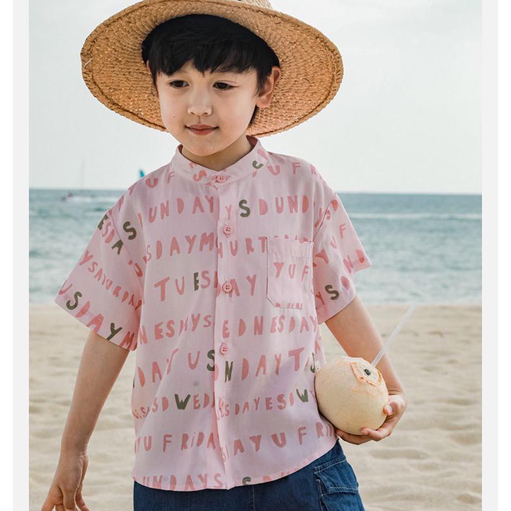 帥氣立領短袖襯衫-英文字母-粉色