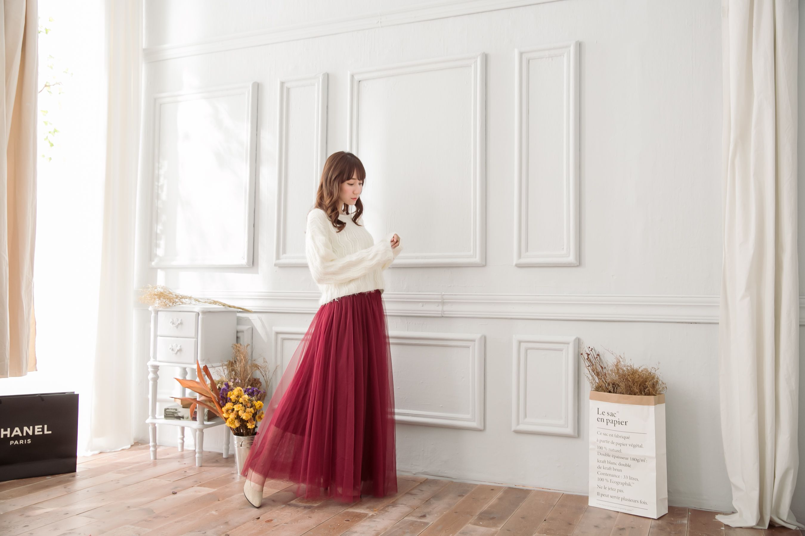 Peachy - 獨家訂製綿柔法式浪漫三層蓬紗裙-三層蓬版-性感酒紅 (F)