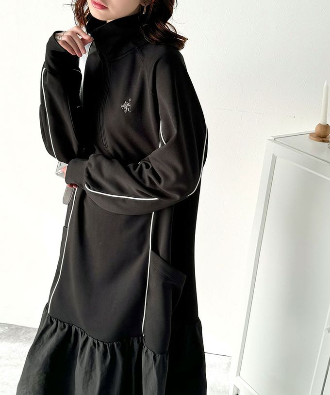 日本 Classical Elf - 異素材荷葉拼接半拉鍊寬版長袖洋裝-炭灰