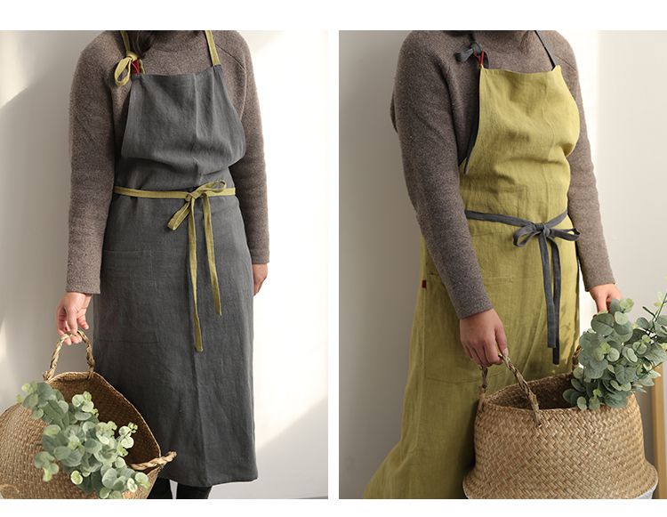 前繫帶雙色棉麻圍裙-灰色