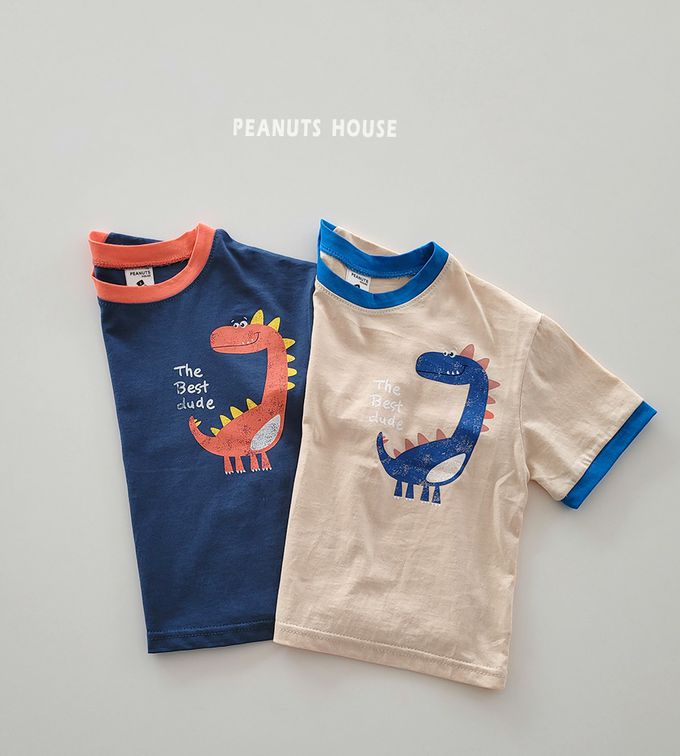 韓國 Peanuts House - 純棉印花圓領短袖上衣-橘恐龍-深藍