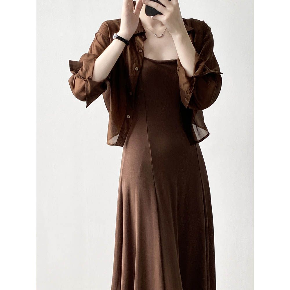 透膚感薄長袖襯衫-短版後綁帶-咖啡色