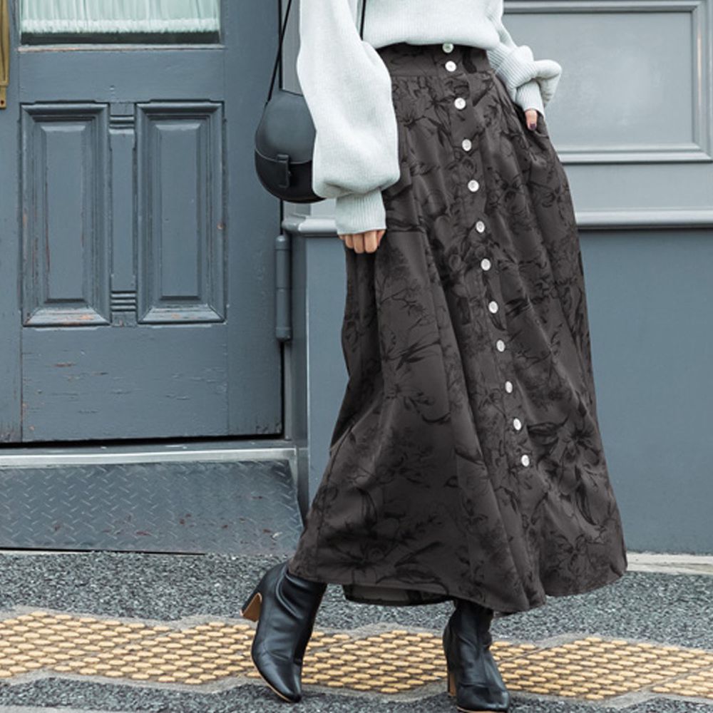 日本 COCA - 排釦花紋長裙-深灰 (長版94cm)