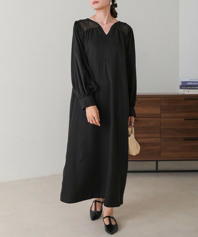 日本 Bab - 優雅蕾絲拼接背綁帶長袖洋裝-米