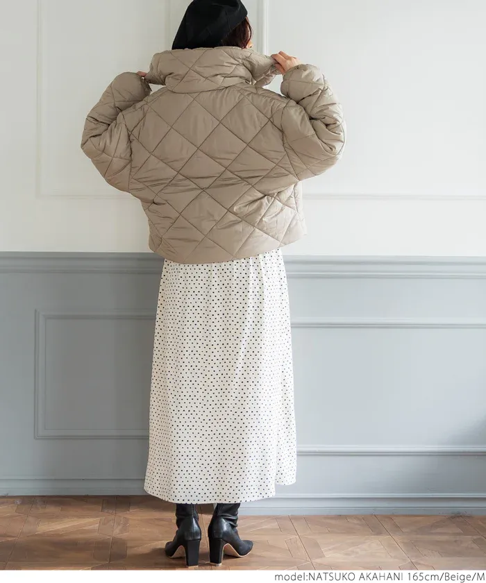 日本 COCA - 菱紋衍縫翻領鋪棉短版外套-氣質米